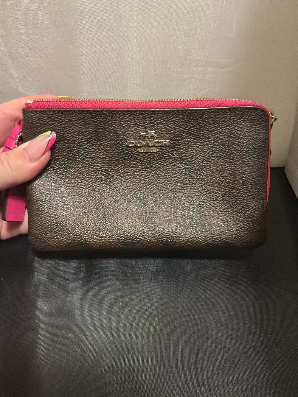 Coach Brown Signature Canvas Wristlet with Pink Trim,Double Zip - Picture 3 of 7